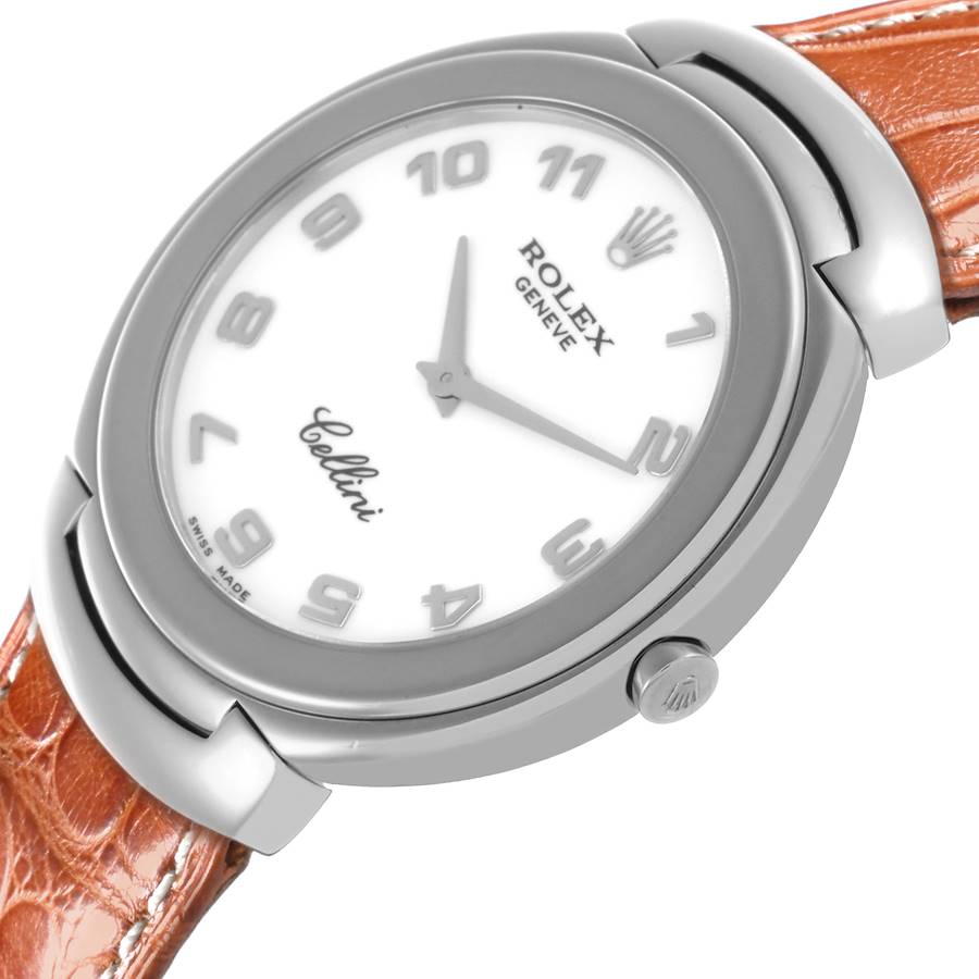 Rolex Cellini White Gold White Dial Brown Strap Mens Watch 6623