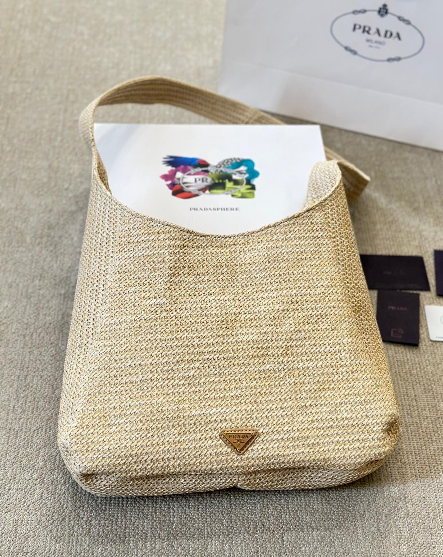 Prada Logo Embossed Raffia Shoulder Bag Beige 33Cm 1Bc186Vouo2A2T