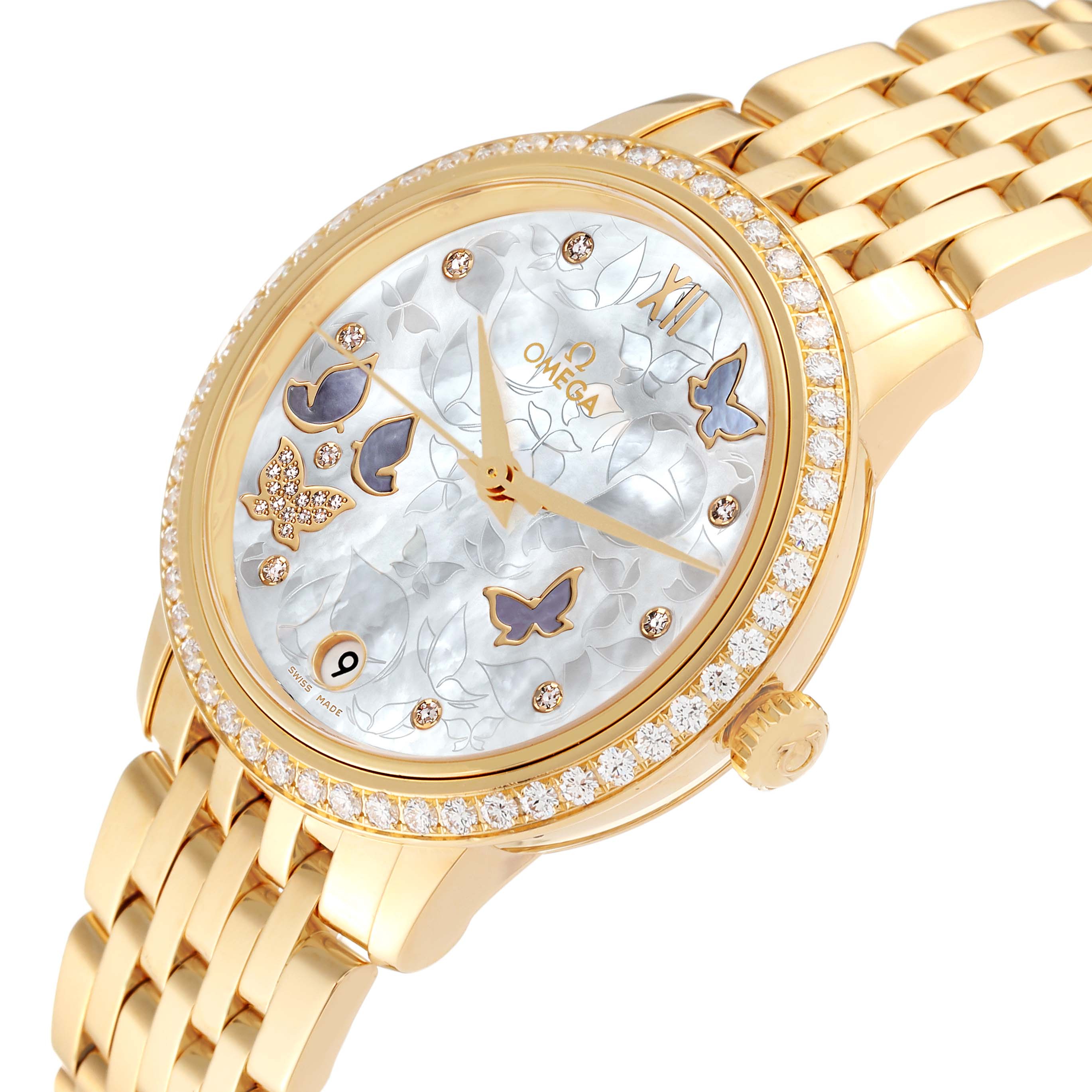 Omega DeVille Prestige Yellow Gold Mother of Pearl Diamond Ladies Watch 37.6 MM 424.55.33.20.55.005