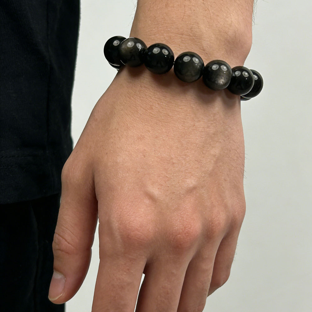 Natural Silver Obsidian Beaded Bracelet 12mm, Protection & Grounding Healing Crystal, Negative Energy Shield Spiritual Jewelry