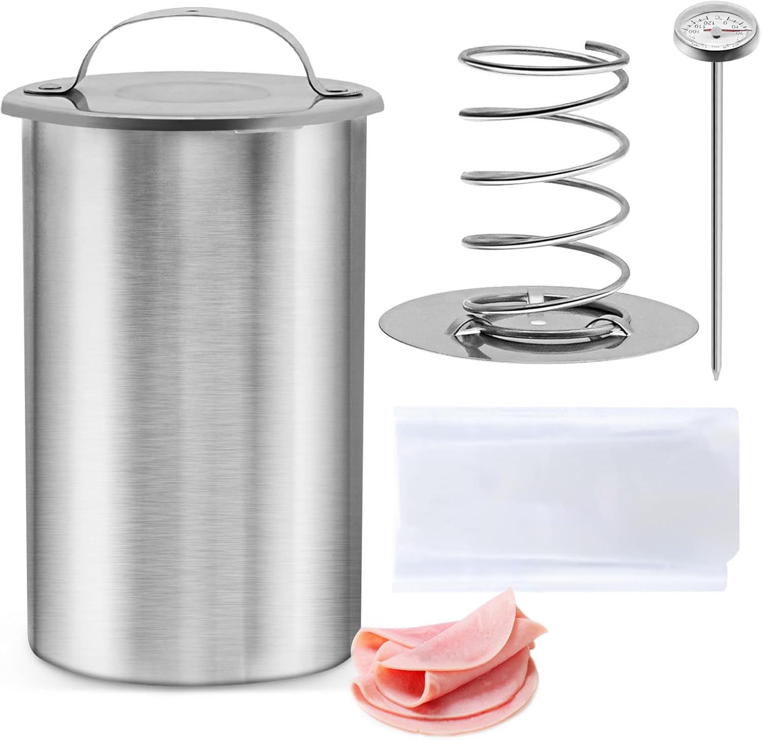 Meat Press Mold for Deli Meats Stainless Steel Ham Maker, Ham Press Mold with Thermometer & 20 Cooking Bags for Making Homemade Healthy Deli Meat