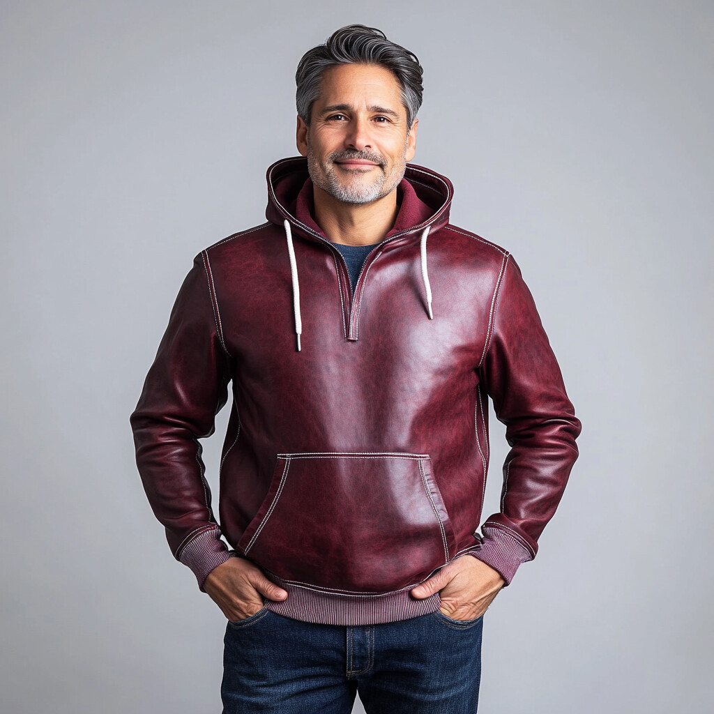 Men's Casual PU Leather Pocket Drawstring Split Neck Hoodie