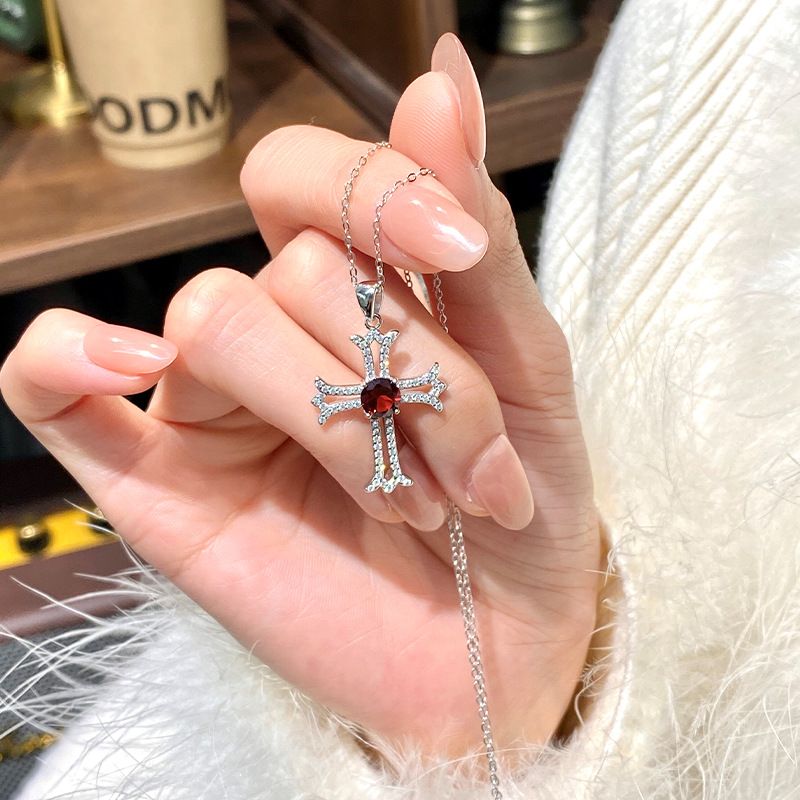 GemVibra Cross Pendant Necklace in 925 Silver with Gemstone Center