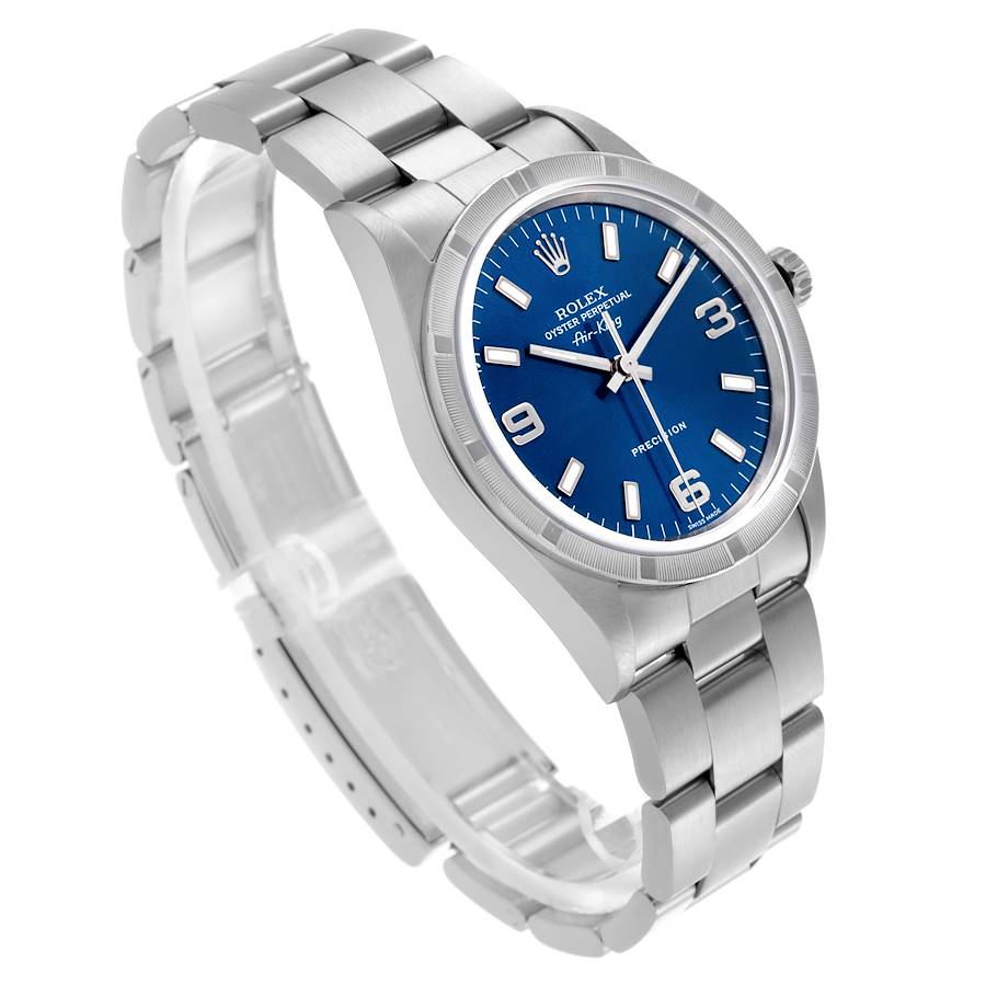 Rolex Air King Engine Turned Bezel Blue Dial Steel Mens Watch 14010