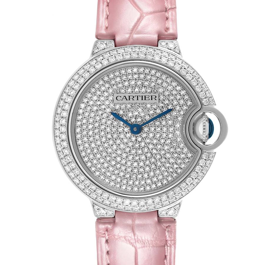 Cartier Ballon Bleu 33 White Gold Pave Diamond Ladies Watch WE902047