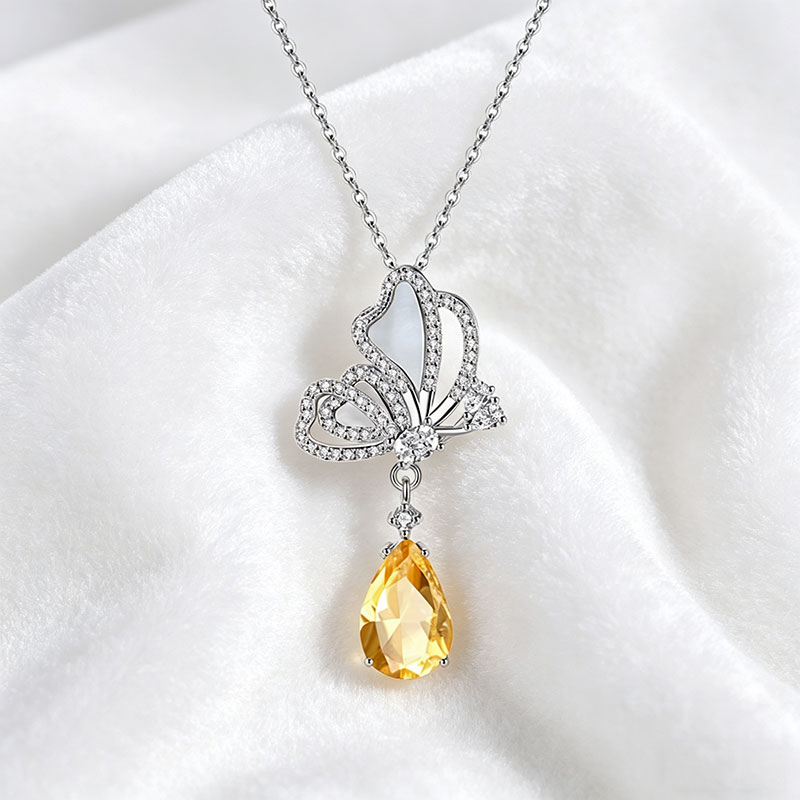 GemVibra Butterfly Pendant Necklace in 925 Silver with Gemstone Drop