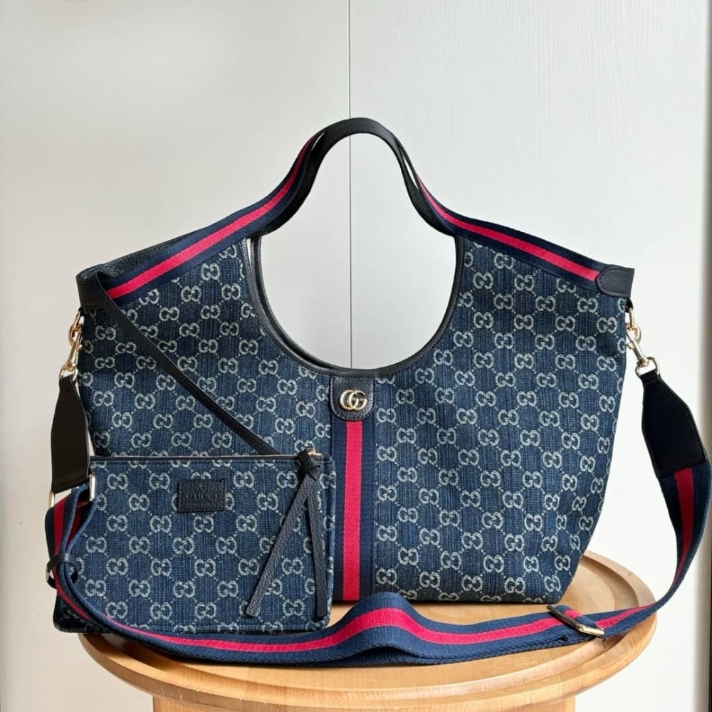 Gucci Giglio Large Tote Bag Blue And White GG Denim 60cm ‎853971 FAFFQ 8864