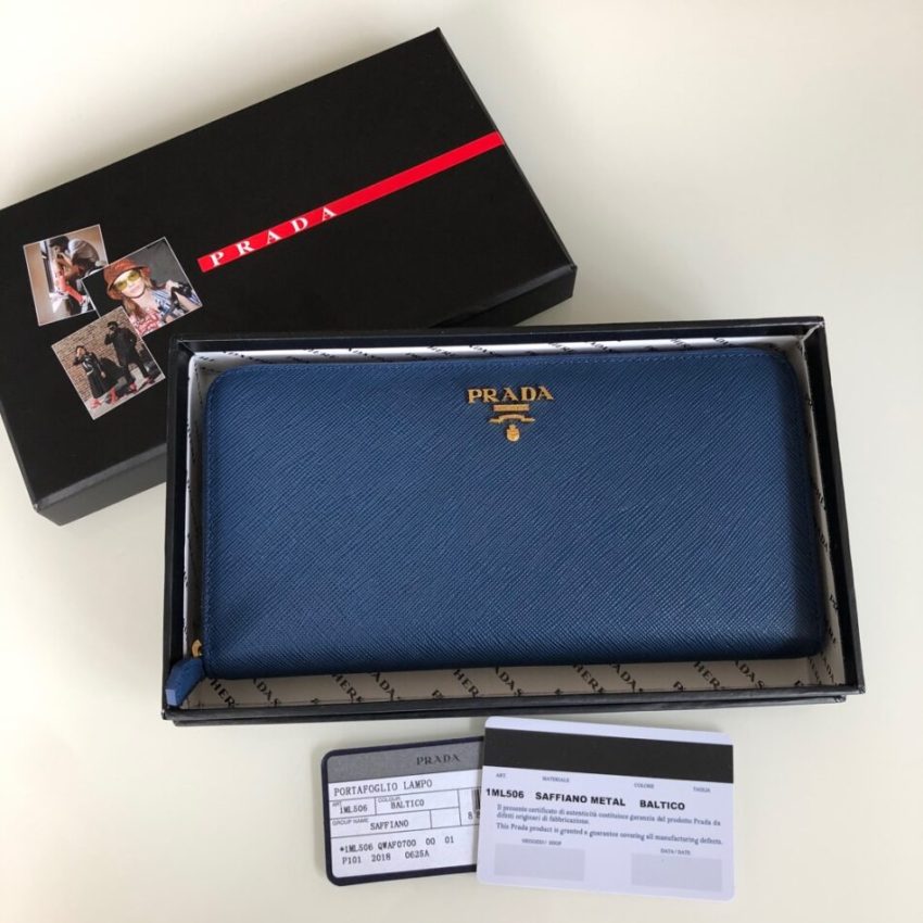 Replica Prada Saffiano Long Zipper Wallet Blue