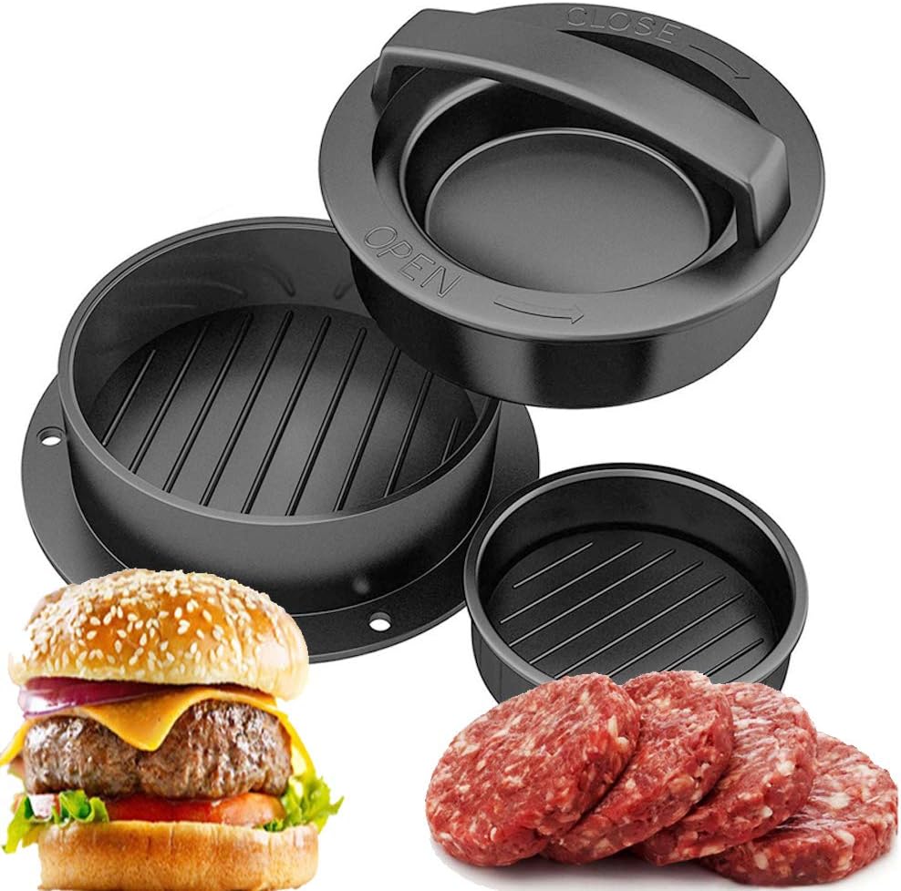 Burger Press Patty Maker, Non-Stick Hamburger Mold Kit for Making Delicious Stuffed & Regular Beef Burgers, Perfect Shaped Patties, Black