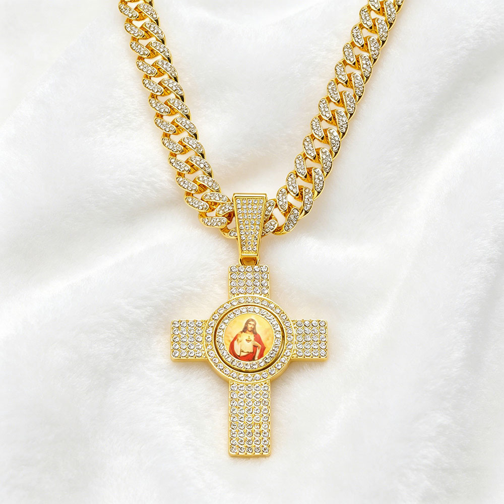 Rotatable Sacred Heart Jesus Cross Cuban Link Necklace ✨ Divine Protection & Spiritual Redemption Talisman