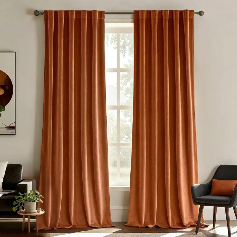 Custom Velvet Curtains Luxury Blackout Curtains  (2 Panels) - Orange
