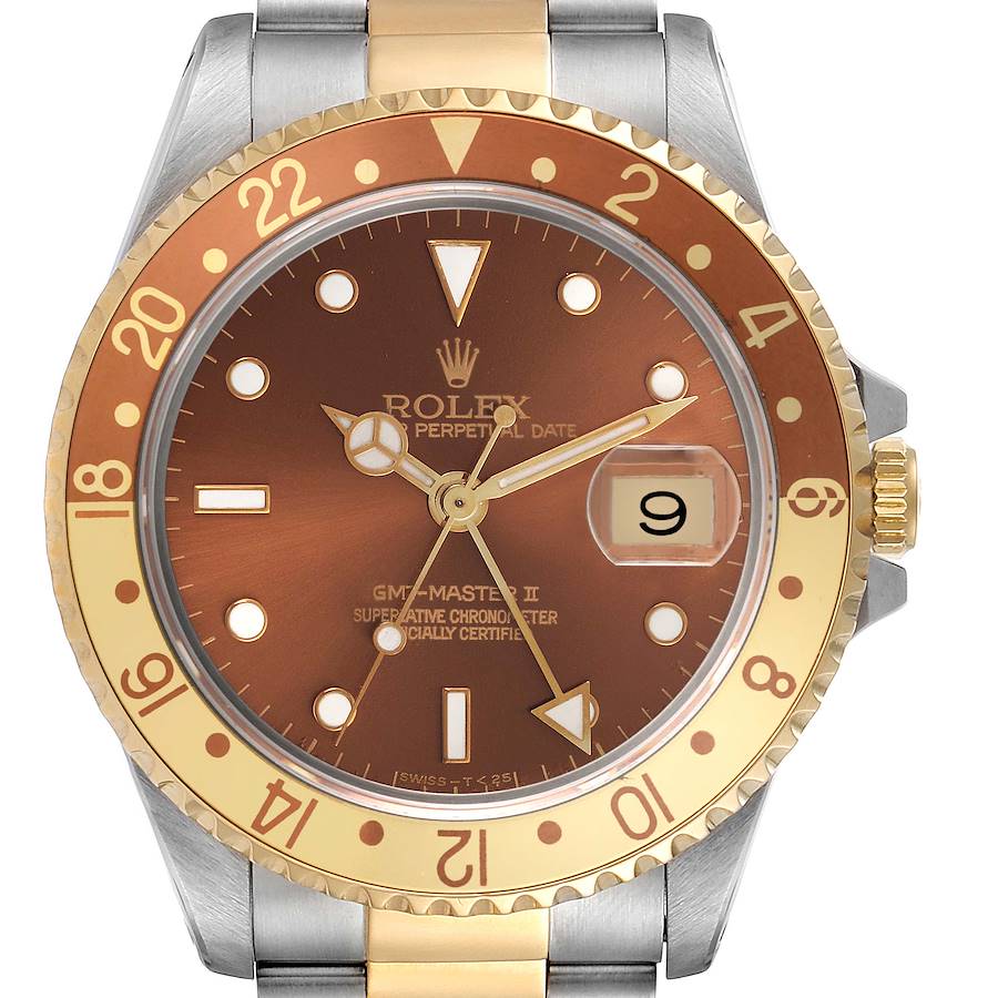 Rolex GMT Master II Root Beer Steel Yellow Gold Mens Watch 16713