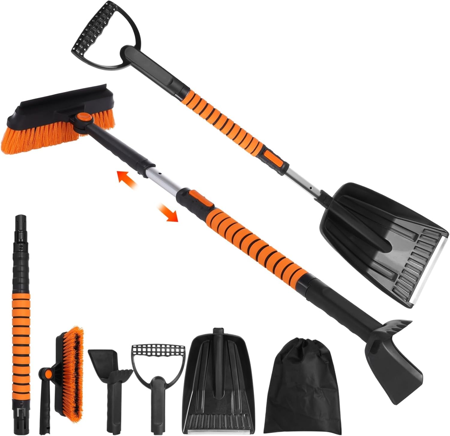 Extendable Ice Scraper and Snow Brush, 5 in 1 Emergency Snow Shovel Set, 180?? Pivoting Brush Head, Foam Grip Handle, Multi-Function Car Snow Removal Kit for Cars, Trucks, Winter Travel