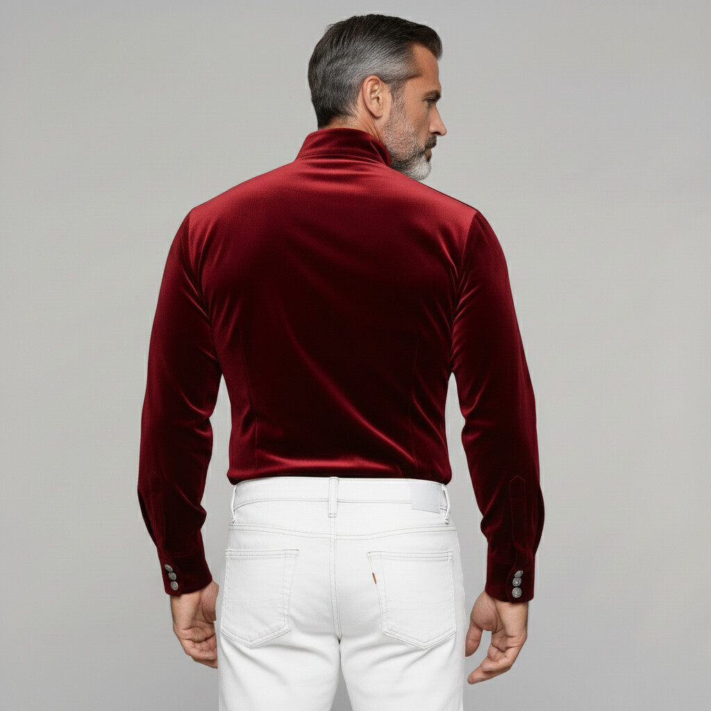 Men's Burgundy Stand Collar Long Sleeve Single Breasted Velvet Shirts