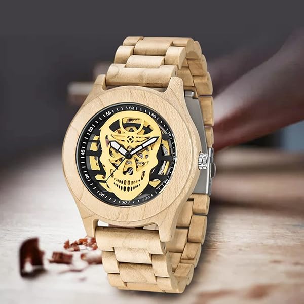 No Battery Fashion Mechanical Wooden Watch for Men, Mechanical Movement Wooden Strap Men's Watch for Father's Day, Birthday W001-Brown