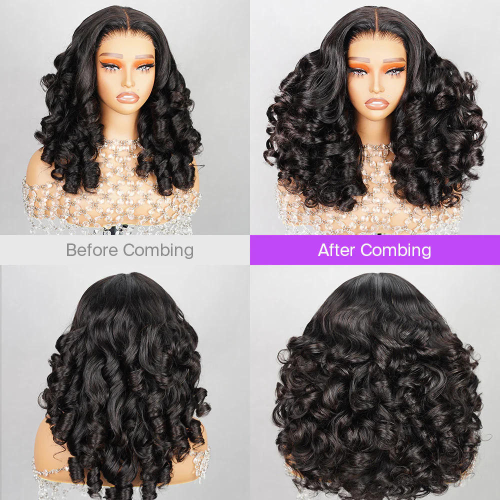 Megalook 6x5 Invisible Knots & 13x4 Lace Frontal Bouncy Curl Wigs Pre-cut Lace Natural Black Beginner Friendly