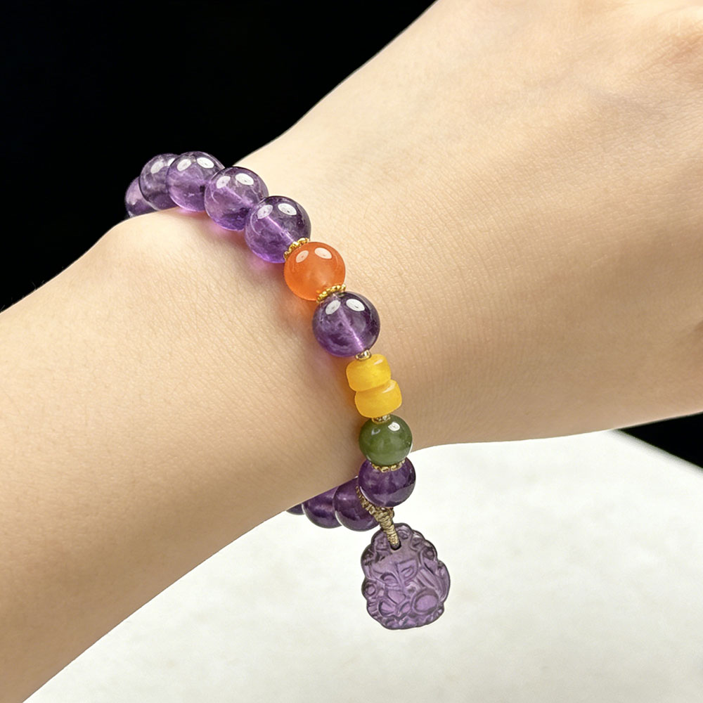 10mm Amethyst Fox Charm Bracelet | Protection, Love & Spiritual Clarity