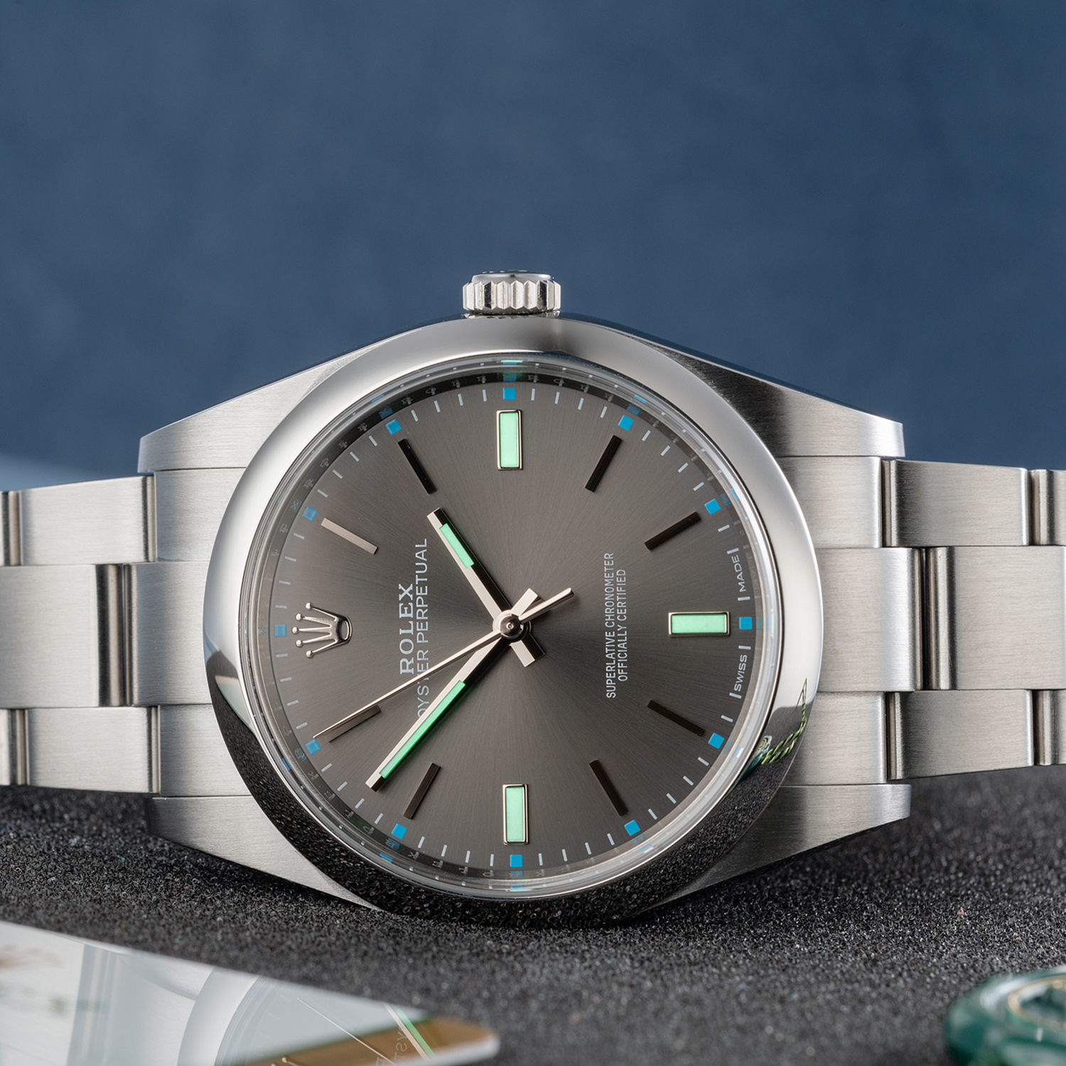 Rolex Oyster Perpetual 39mm Dark Rhodium Dial Watch 114300-0001