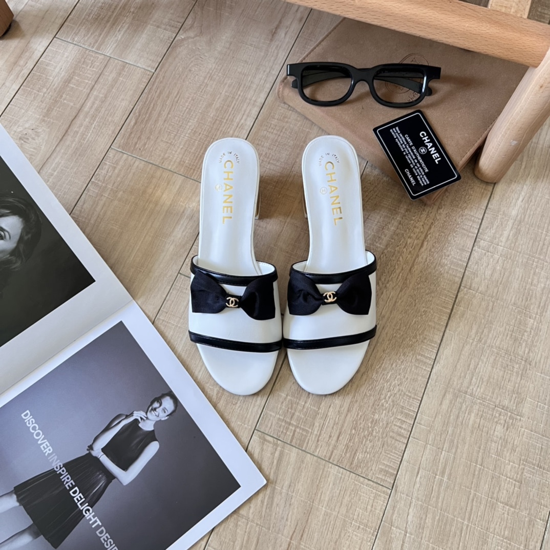 Chanel Grosgrain Ribbon Bow Mule Leather White