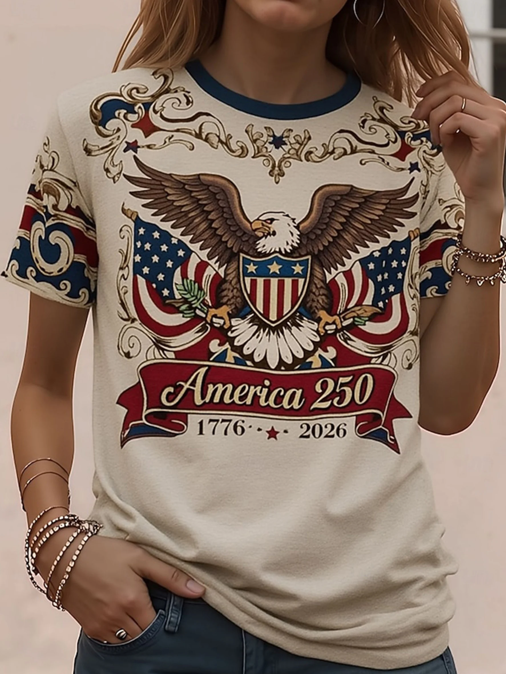 Women's 250th Anniversary Printed Casual Crew Neck Top