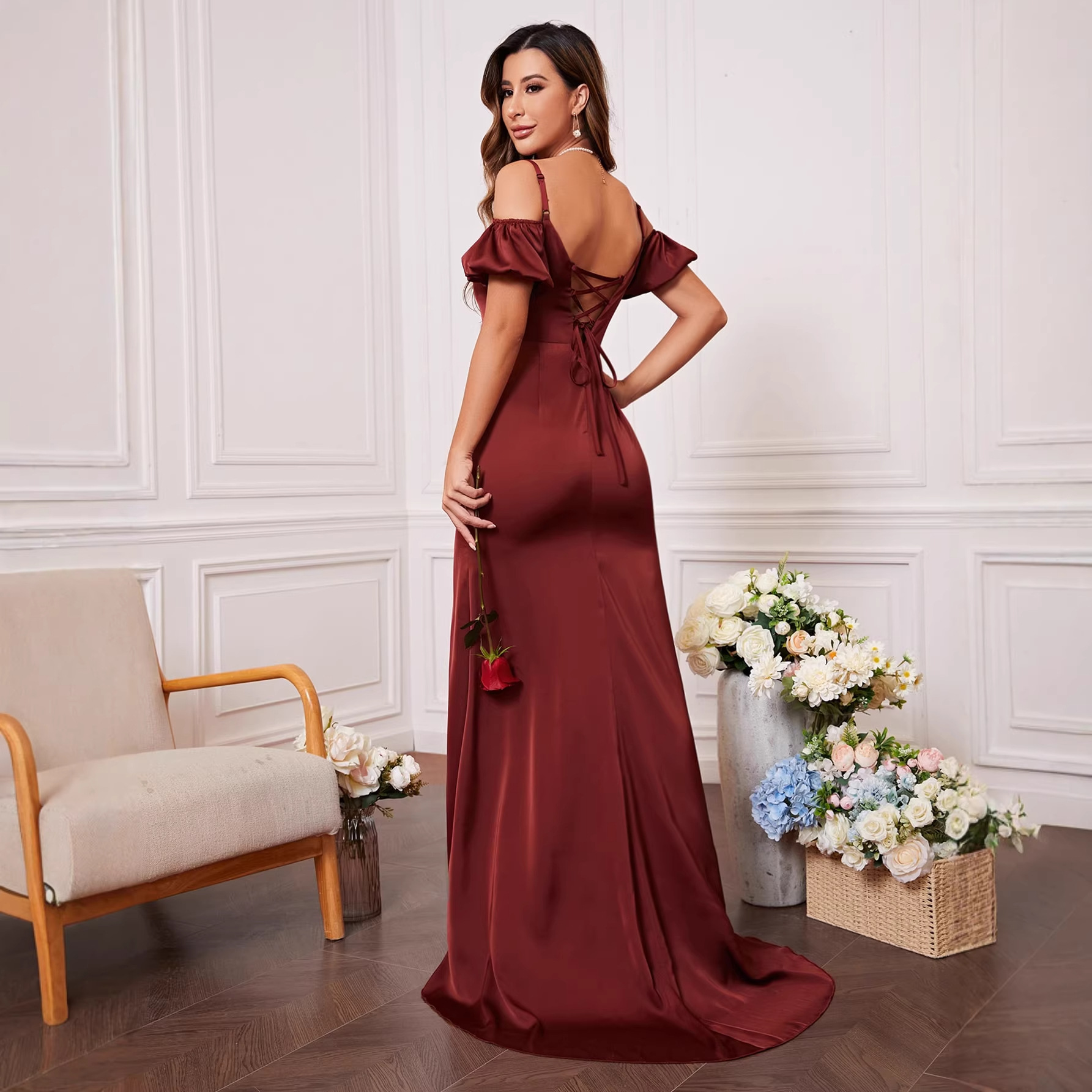 Women Burgundy Strappy Off-Shoulder Prom Elegant Dress