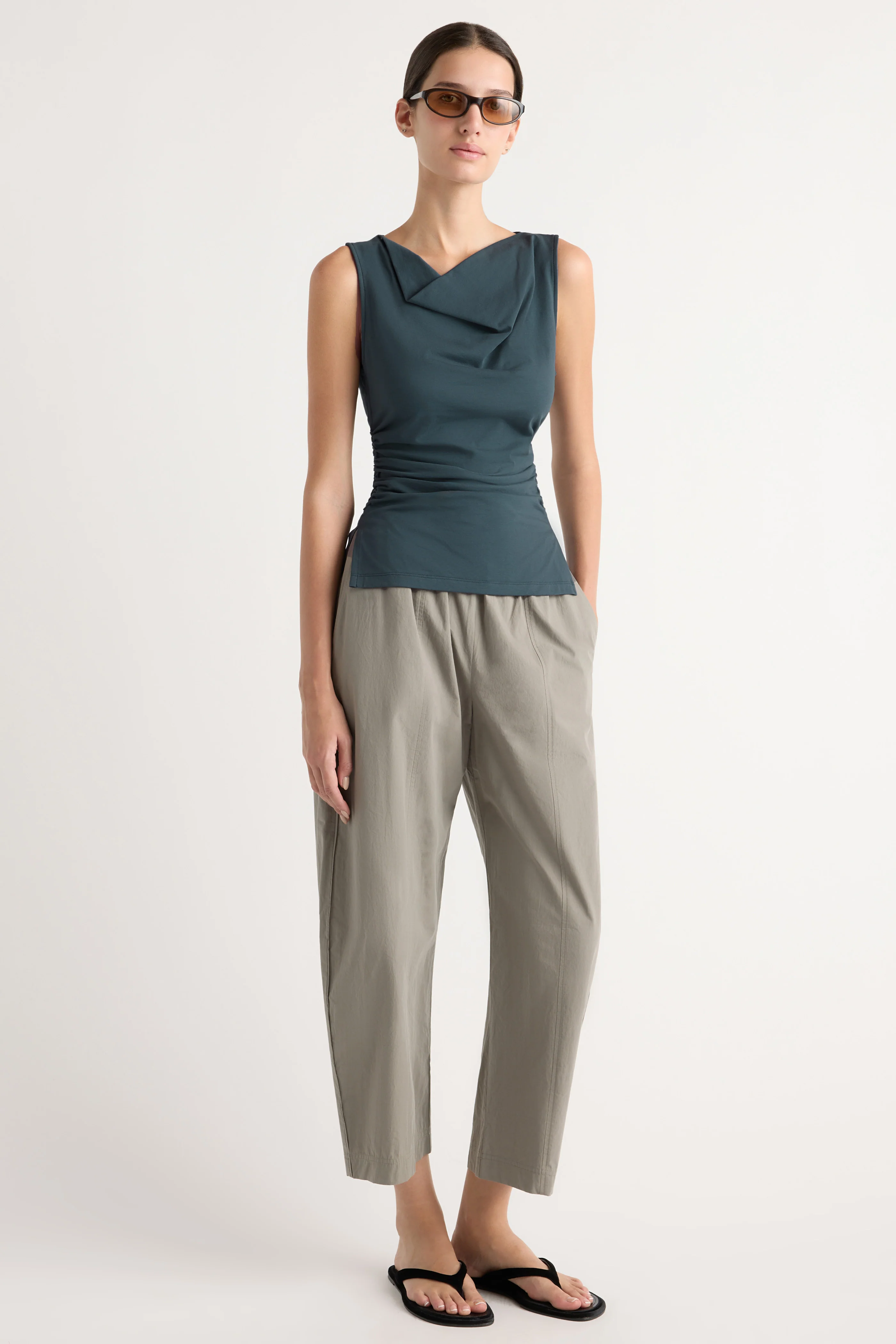 Josie Shirred-Side Cowl-Neck Tee