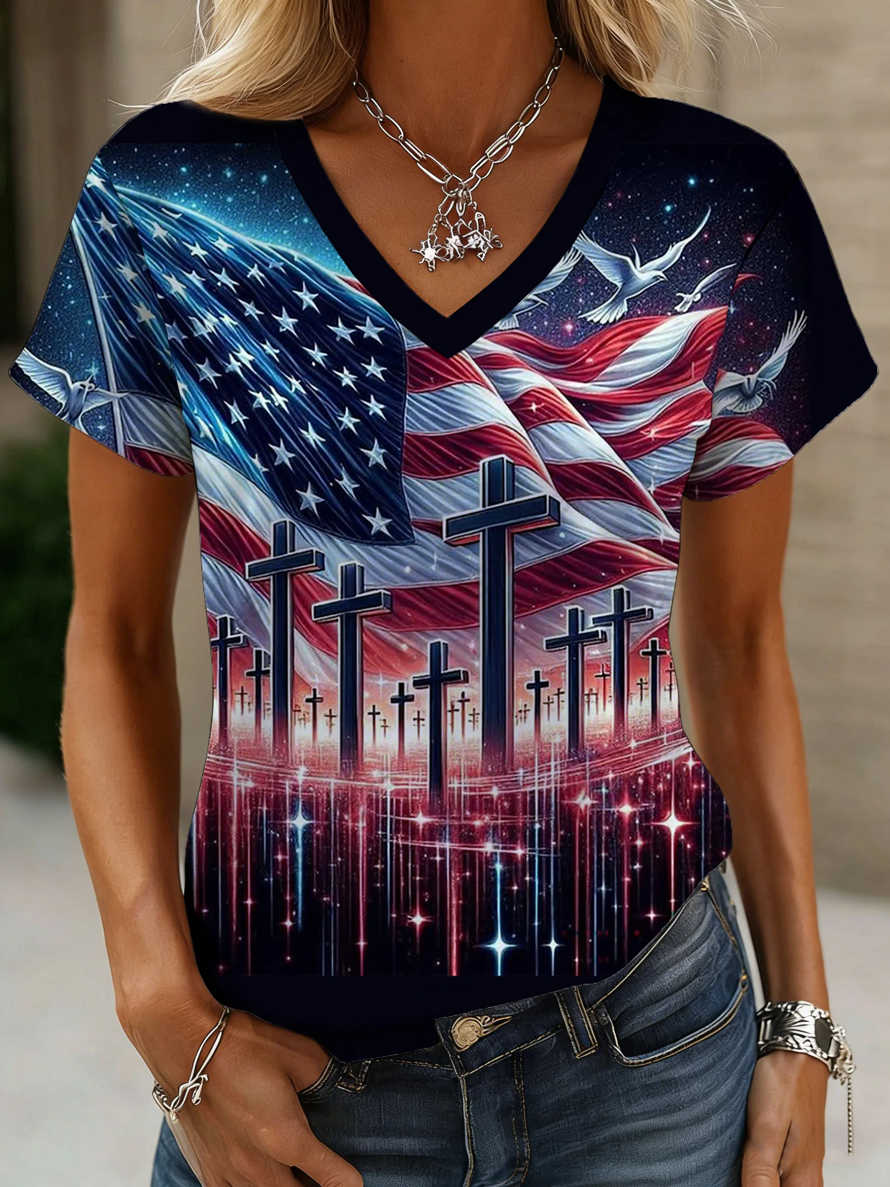 Women's American 250th Anniversary Print Casual V-Neck Top