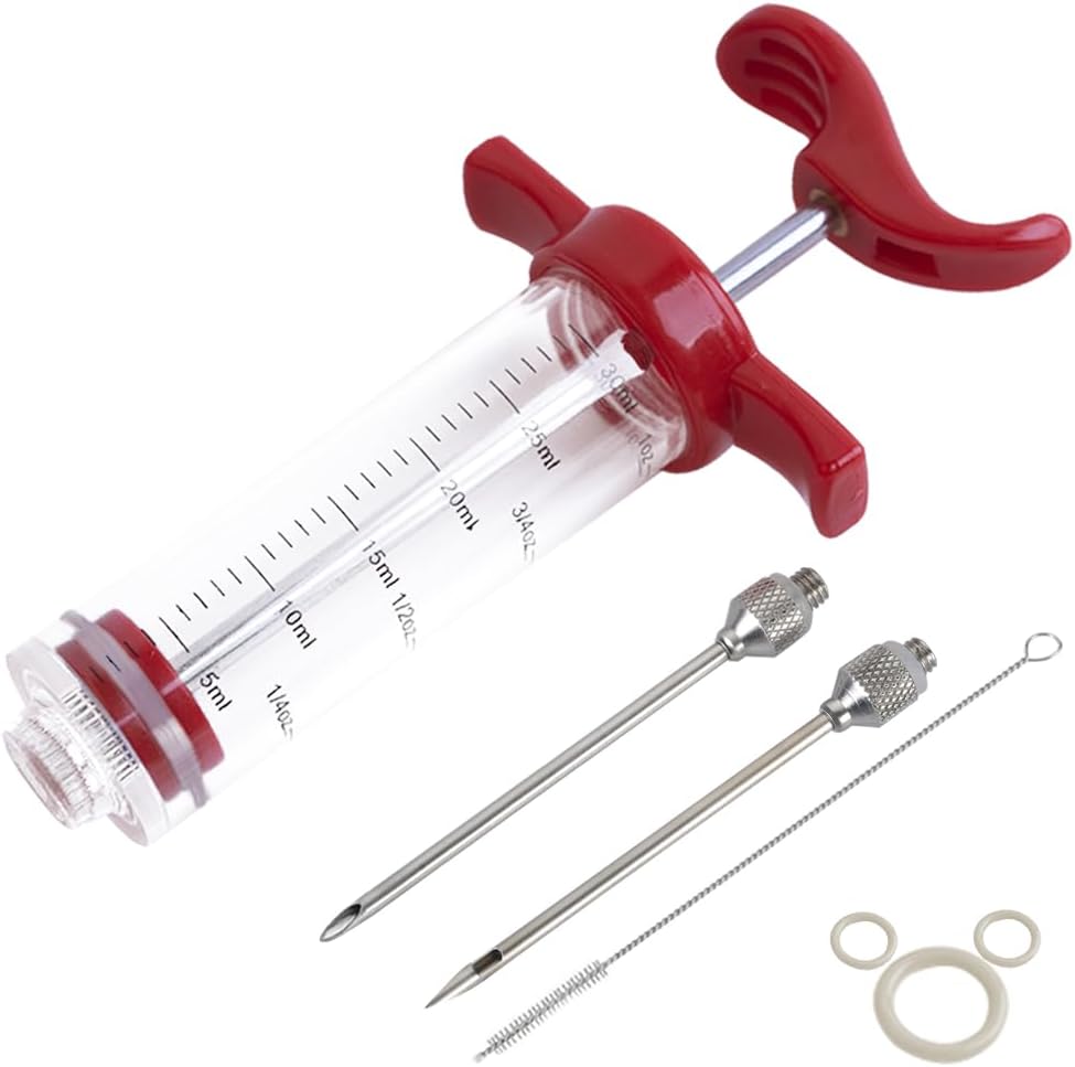 Plastic Marinade Injector Syringe with Screw-on Meat Needle for BBQ Grill, 1-oz, Red, Recipe E-Book (Download PDF)