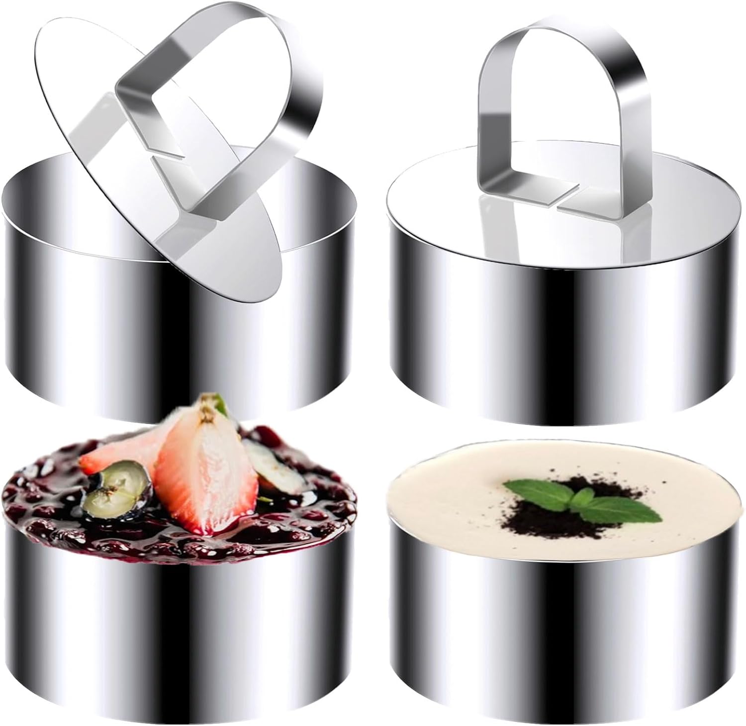 Round Cake Ring Molds, Stainless Steel 4 inch Food Rings Dessert Mousse Cooking Rings Mold with Pusher & Lifter 10cm (Include 4 Rings & 2 Pushers)