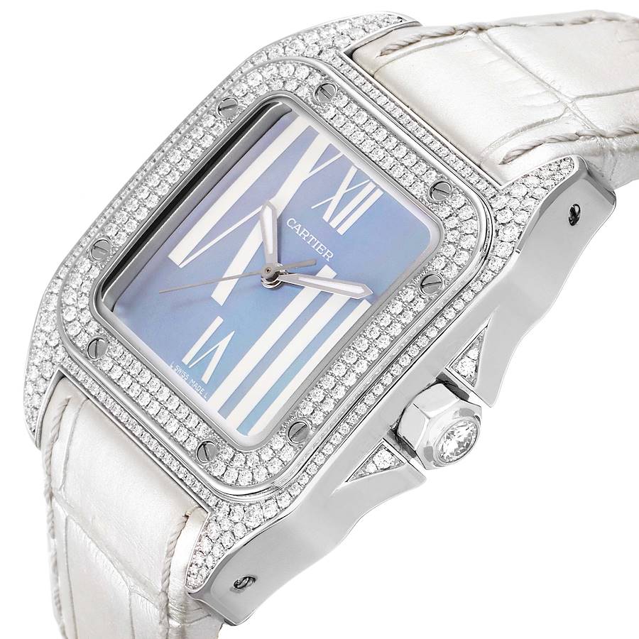 Cartier Santos 100 White Gold Blue Mother of Pearl Diamond Midsize Watch WM503251
