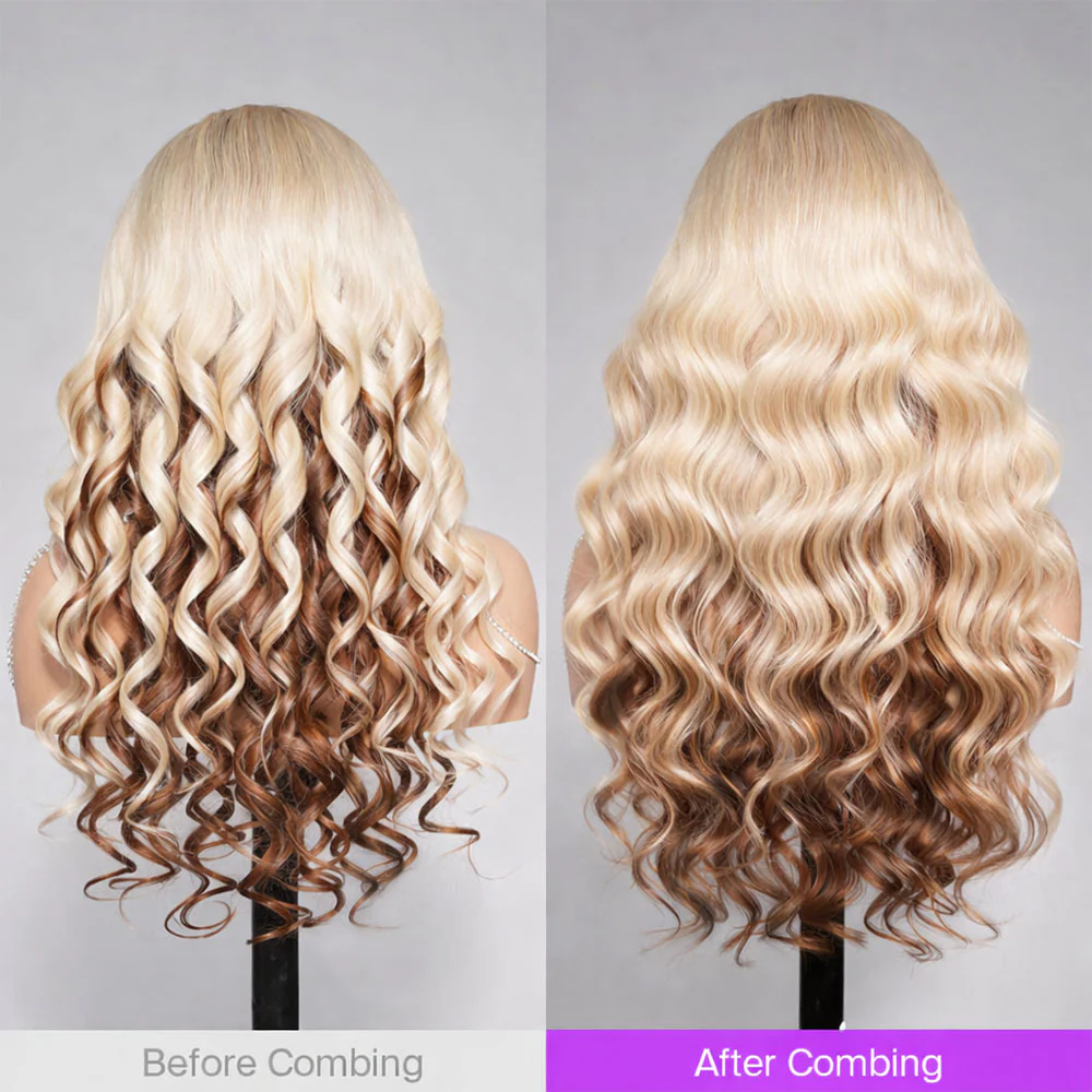 Megalook 13x6 Three-Go™ Blonde And Brown Ombre Glueless Wigs Loose Body Wave With Drawstring 100% Human Hair