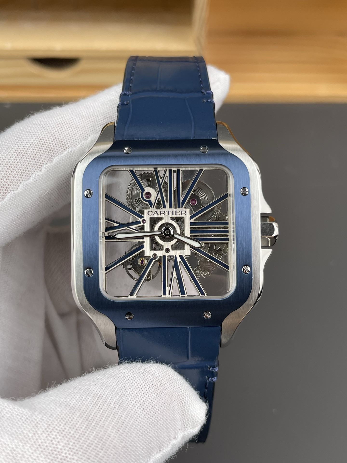 Santos Skeleton Series Leather Strap Blue Dial