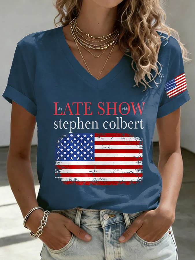 V-Neck Retro Last Show Print T-Shirt