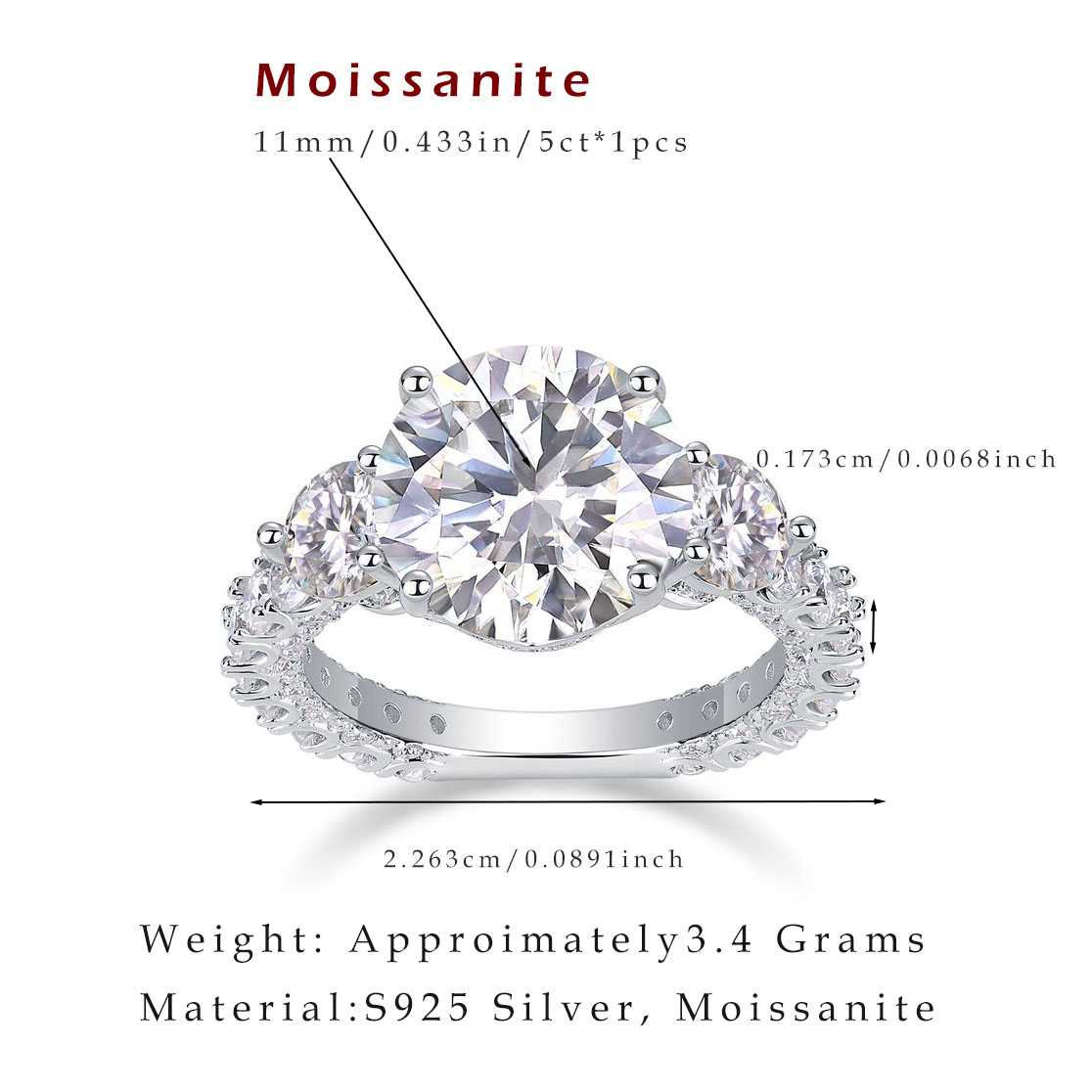 Luxury 5CT Round Cut Moissanite Ring for Women S925 Sterling Silver 18K Gold Plated Anniversary Jewelry