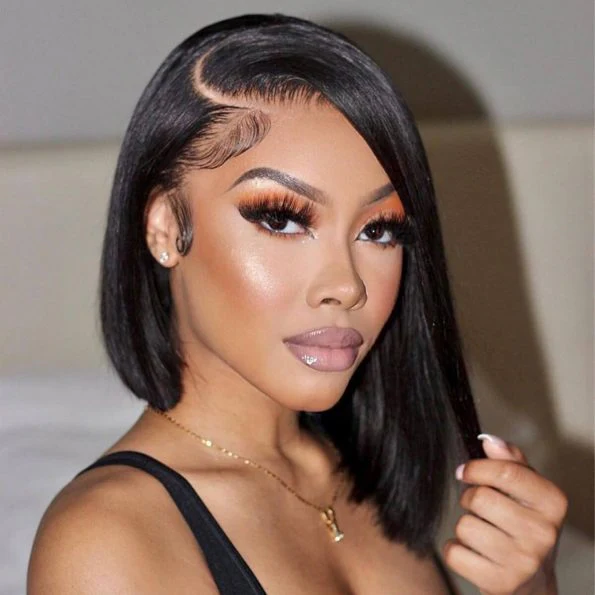 Megalook 13x4 Lace Frontal Straight Bob Wigs Pre-cut Lace Natural Black Beginner Friendly