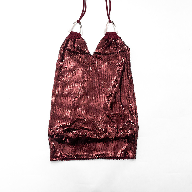 Women Spring Sexy V-Neck Sequined Hardware Buckle Neck Dress