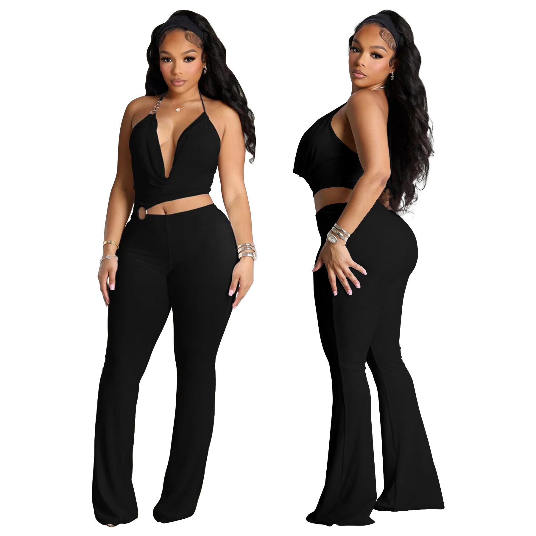Women’s Circle-Embellished Halter Neck Open-Waist Jumpsuit