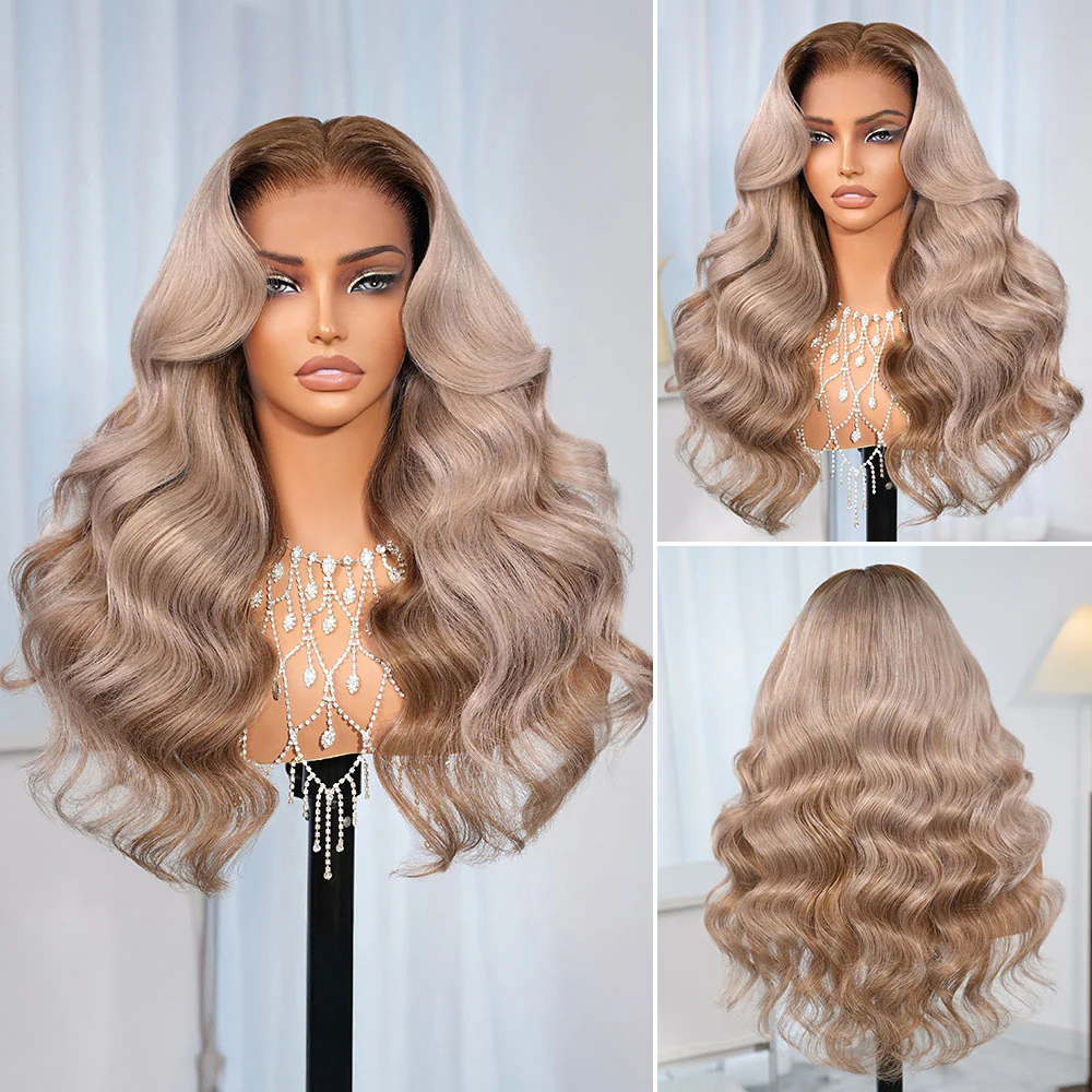 Megalook 13x6 Three-Go™ Glueless Wig Ash Blonde Highlights On Brown Hair Body Wave With Drawstring 100% Human Hair
