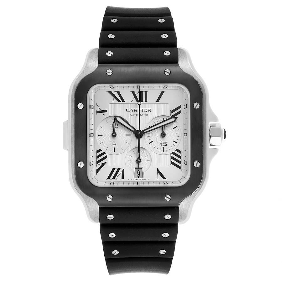 Cartier Santos 100 XL Chronograph Steel Rubber Strap Mens Watch WSSA0017