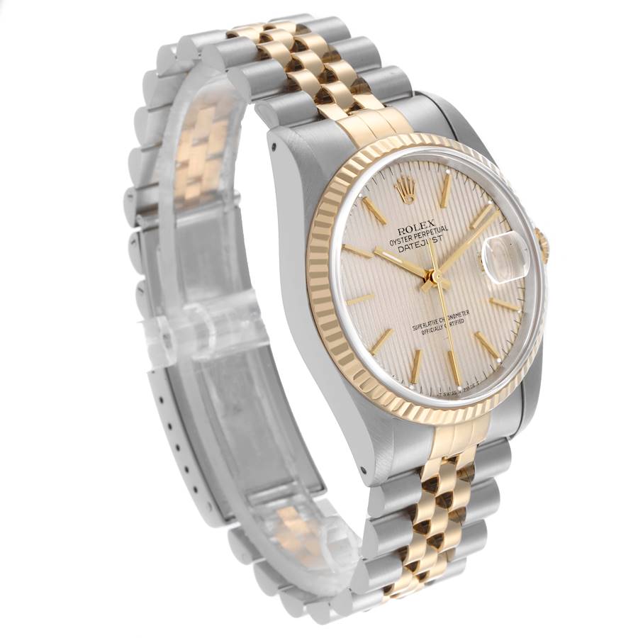 Rolex Datejust 36 Steel Yellow Gold Silver Tapestry Dial Mens Watch 16233