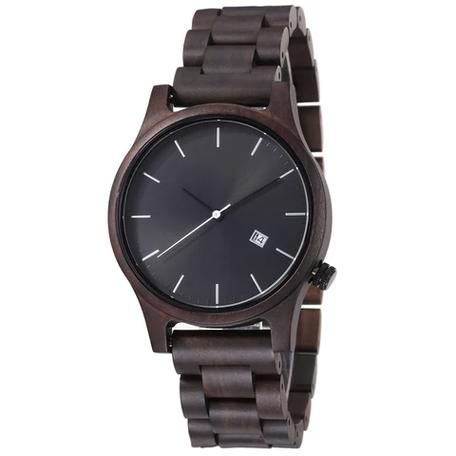 Men's Dark Ebony Wood Watch, Minimalist All‑Black Dial Date Quartz Wooden Wrist Watch