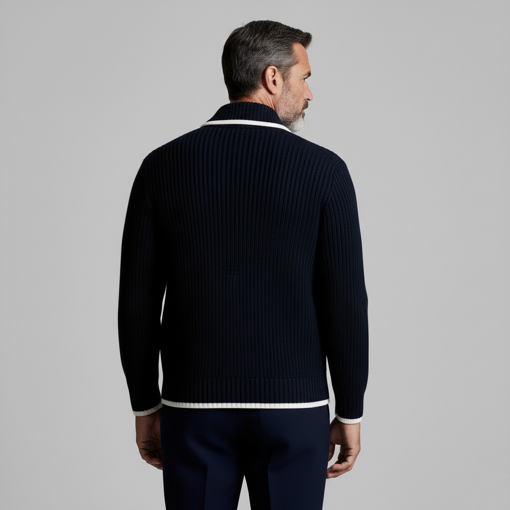 Men's Navy Blue Ribbed Knit Contrast Binding Shirt Collar Patch Pockets Long Sleeve Zip-Up Jacket