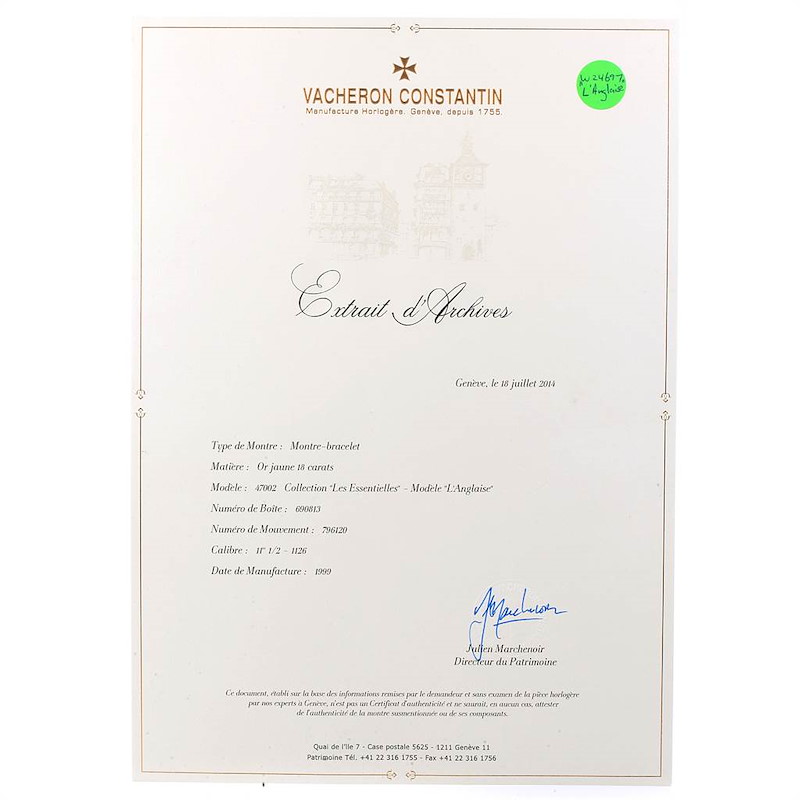 Vacheron Constantin Les Essentielles L'Anglaise Yellow Gold Watch 47002