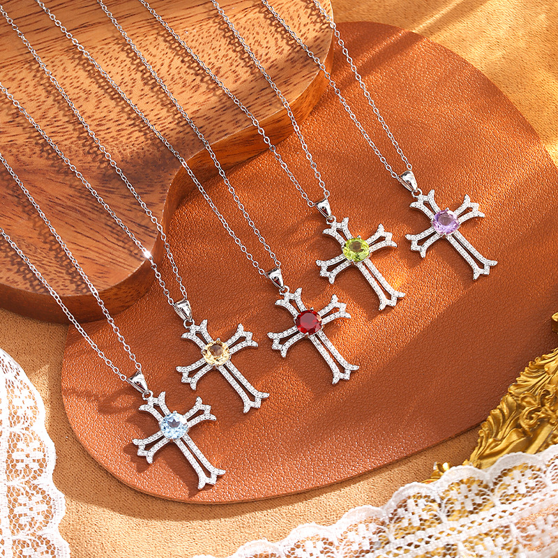 GemVibra Cross Pendant Necklace in 925 Silver with Gemstone Center