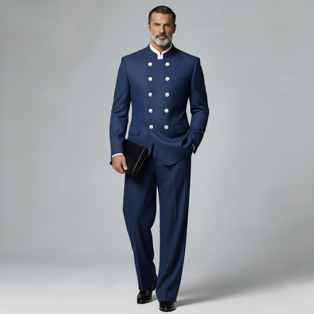 Men's Business Navy Blue Mandarin Collar Long Sleeve Double Breasted Blzer & Pocket Pants 2Pcs Set