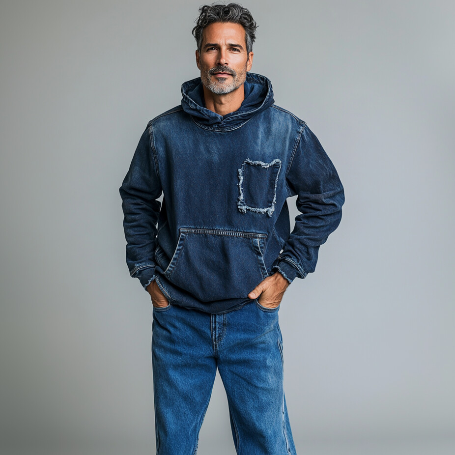 Men's Washed Denim Raw Edge Pocket Long Sleeve Casual Hoodie