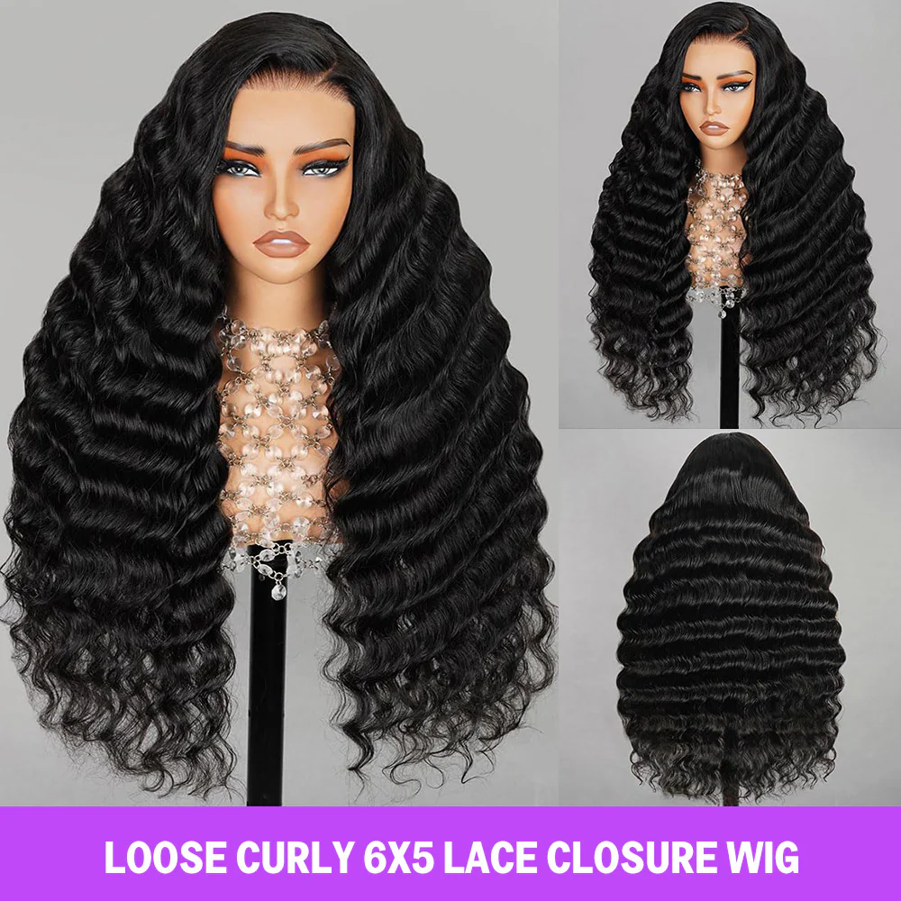 Megalook 6x5 Invisible Knots Glueless Loose Deep Wave Wigs Pre-cut Lace Natural Black Beginner Friendly