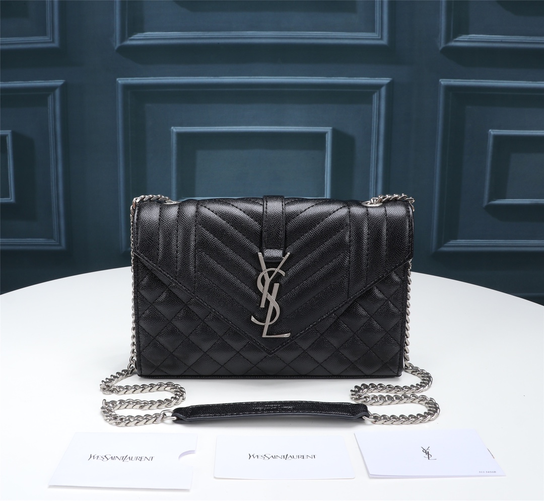 Saint Laurent Envelope Small In Quilted Grain De Poudre Embossed Leather Black Silver 21cm 600195BOW921000