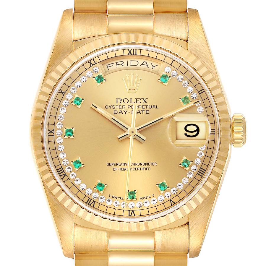 Rolex President Day-Date Yellow Gold String Diamond Emerald Mens Watch 18238