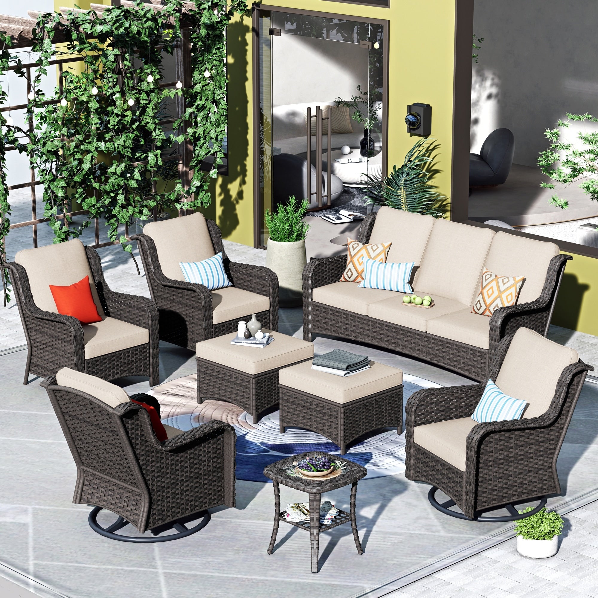 OVIOS 8-piece Patio Wicker Furniture Swivel Chair Set